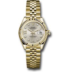  *Pre-Owned* Rolex Yellow Gold Lady-Datejust 28 Watch - Fluted Bezel - Silver Diamond Star Dial - Jubilee Bracelet