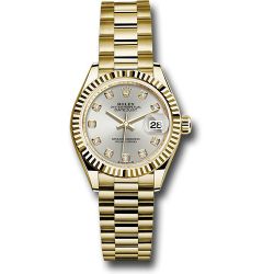  *Pre-Owned* Rolex Yellow Gold Lady-Datejust Watch - Fluted Bezel - Silver Diamond Dial - President Bracelet