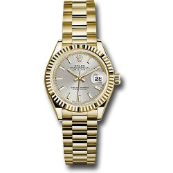  *Pre-Owned* Rolex Yellow Gold Lady-Datejust 28 Watch - Fluted Bezel - Silver Index Dial - President Bracelet
