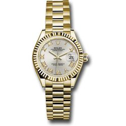  *Pre-Owned* Rolex Yellow Gold Lady-Datejust 28 Watch - Fluted Bezel - Silver Roman Dial - President Bracelet