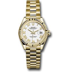  *Pre-Owned* Rolex Yellow Gold Lady-Datejust 28 Watch - Fluted Bezel - White Roman Dial - President Bracelet