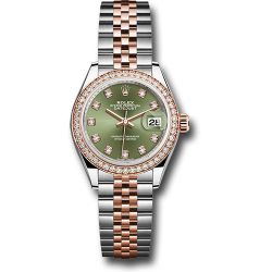  *Pre-Owned* Rolex Steel and Everose Gold Rolesor Lady-Datejust 28 Watch - Diamond Bezel - Olive Green Diamond Dial - Jubilee Bracelet