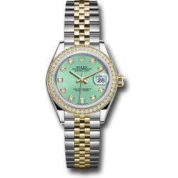  *Pre-Owned* Rolex Steel and Yellow Gold Rolesor Lady-Datejust 28 Watch - Diamond Bezel - Mint Green Diamond Dial - Jubilee Bracelet