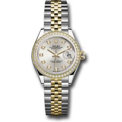  *Pre-Owned* Rolex Steel and Yellow Gold Rolesor Lady-Datejust 28 Watch - Diamond Bezel - Silver Diamond Dial - Jubilee Bracelet