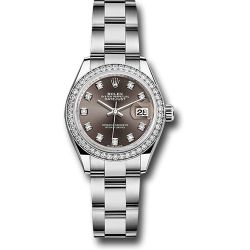  *Pre-Owned* Rolex Steel and White Gold Rolesor Lady-Datejust 28 Watch - 44 Diamond Bezel - Dark Grey Diamond Dial - Oyster Bracelet