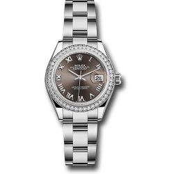  *Pre-Owned* Rolex Steel and White Gold Rolesor Lady-Datejust 28 Watch - 44 Diamond Bezel - Dark Grey Roman Dial - Oyster Bracelet