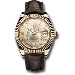  *Pre-Owned* Rolex Yellow Gold Sky-Dweller Watch - Silver Sunray Roman Dial - Brown Leather Strap