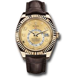  *Pre-Owned* Rolex Yellow Gold Sky-Dweller Watch - Champagne Arabic Dial - Brown Leather Strap