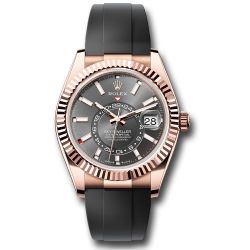  *Pre-Owned* Rolex Everose Gold Sky-Dweller Watch - Fluted Ring Command Bezel - Slate Index Dial - Oysterflex Strap