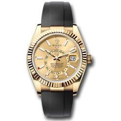  *Pre-Owned* Rolex Yellow Gold Sky-Dweller Watch - Fluted Ring Command Bezel - Champagne Index Dial - Oysterflex Strap