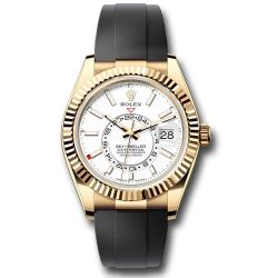  *Pre-Owned* Rolex Yellow Gold Sky-Dweller Watch - Fluted Ring Command Bezel - White Index Dial - Oysterflex Strap