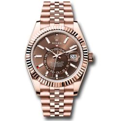  *Pre-Owned* Rolex Everose Gold Sky-Dweller Watch - Fluted Ring Command Bezel - Chocolate Dial - Jubilee Bracelet