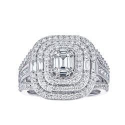 Diamond Emerald Shaped Cluster With Double Halo and Wide Shank Engagement Ring