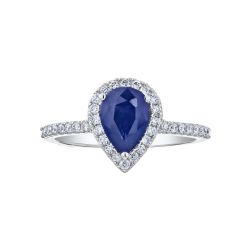 Diamond Halo Surrounding a 1 Ct Pear Shaped Genuine Sapphire Ring