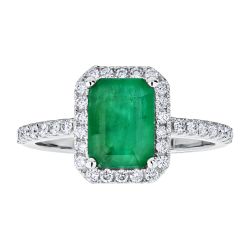 Diamond Halo Surrounding Classic Emerald Cut Genuine Emerald Ring