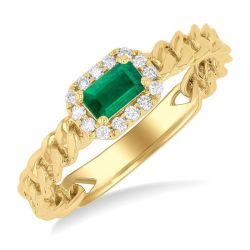 Emerald Shape Curb & Cuban East-West Gemstone & Halo Diamond Ring