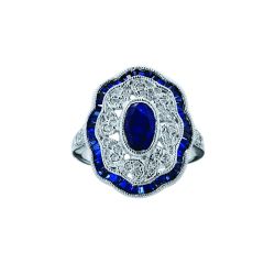 Diamond Oval Genuine Sapphire Vintage Style Ring
