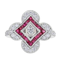 Diamond and Genuine Ruby Clover Shaped Vintage Style Ring