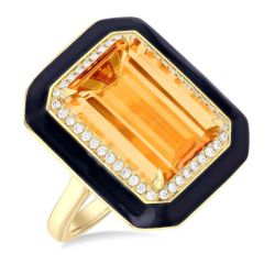 Noir Solstice 14K Yellow Gold Emerald-Cut Citrine, Diamond & Black Enamel Halo Ring