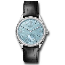  *Pre-Owned* Rolex Platinum 1908 Watch - Domed And Fluted Bezel - Ice Blue Rice-Grain Motif Index Dial - Matt Black Alligator Leather Strap