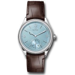  *Pre-Owned* Rolex Platinum 1908 Watch - Domed And Fluted Bezel - Ice Blue Rice-Grain Motif Index Dial - Matt Brown Alligator Leather Strap