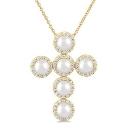Cross Pearl & Halo Diamond Fashion Pendant