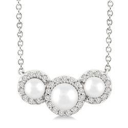 Round Shape Past Present & Future Pearl & Halo Diamond Pendant