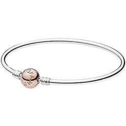 Sterling Bangle Bracelet with Pandora Rose Clasp 6.7"