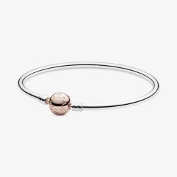 Sterling Bangle Bracelet with Pandora Rose Clasp 7.5"