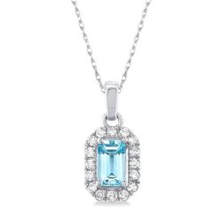 Aquamarine Emerald Shape Gemstone & Halo Diamond Pendant