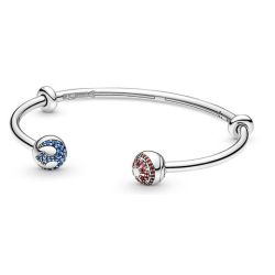 Silver Star Wars Light and Dark Side Open Bangle Bracelet with Blue and Red Crystals