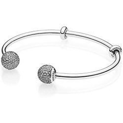 Open Bangle Charm Bracelet with Clear Zirconia 6.9"