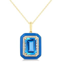 Emerald Shape Paperclip Blue Enamel Gemstone & Halo Diamond Pendant