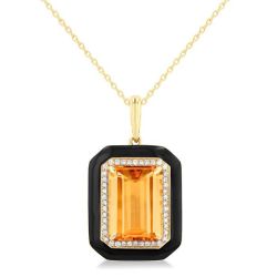 Luna Emerald Shape Paperclip Black Enamel Gemstone & Halo Diamond Pendant