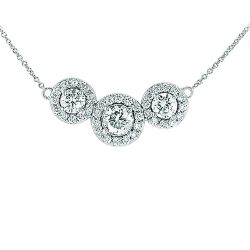 Diamond Three Stone Round Halo Necklace