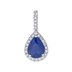 Diamond Halo Surrounding a 1 Ct Pear Shaped Genuine Sapphire Pendant