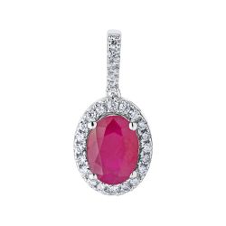 Diamond Halo Surrounding Oval Genuine Ruby Pendant