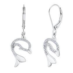 Diamond Dolphin Silhouette Lever Back Dangle Earrings