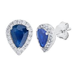 Diamond Halo Surrounding 1 3/4 Ctw Pear Shaped Genuine Sapphire Earrings