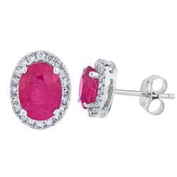 Diamond Halo Surrounding Oval Genuine Ruby Earrings