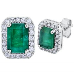 Diamond Halo surrounding a classic Emerald Cut Geniune Emerald Earrings