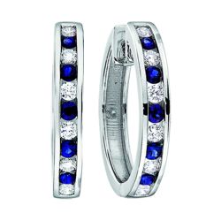 Diamond and Genuine Sapphire Alternating Channel Set Hoop Earrings