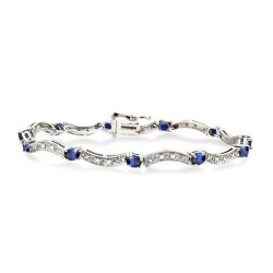 14k White Gold Oval Shape Sapphire Gemstone & Diamond Bracelet