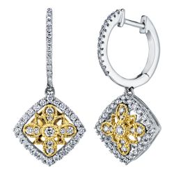 Diamond Cushion Shaped Two Tone Hoop With Dangle Charm Earrings