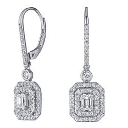 Diamond Emerald Cut Double Halo Leverback Earrings