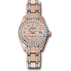  *Pre-Owned* Rolex Everose Gold Lady-Datejust Pearlmaster 29 Watch - 34 Diamond Bezel - Mother-Of-Pearl And Pink Gold Lotus Flower Motif Roman Dial