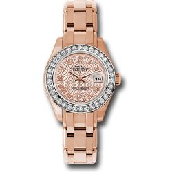  *Pre-Owned* Rolex Everose Gold Lady-Datejust Pearlmaster 29 Watch - 34 Diamond Bezel - Mother-Of-Pearl And Pink Gold Lotus Flower Motif Roman Dial
