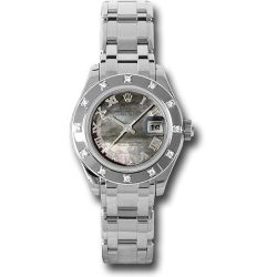  *Pre-Owned* Rolex White Gold Lady-Datejust Pearlmaster 29 Watch - 12 Diamond Bezel - Dark Mother-Of-Pearl Roman Dial