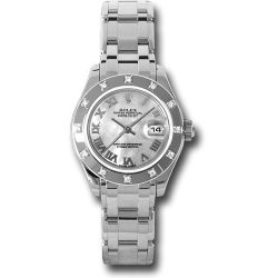  *Pre-Owned* Rolex White Gold Lady-Datejust Pearlmaster 29 Watch - 12 Diamond Bezel - Mother-Of-Pearl Roman Dial