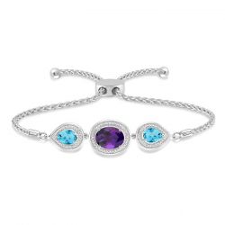 Oval & Pear Shape Silver Diamond & Gemstone Lariat Bracelet